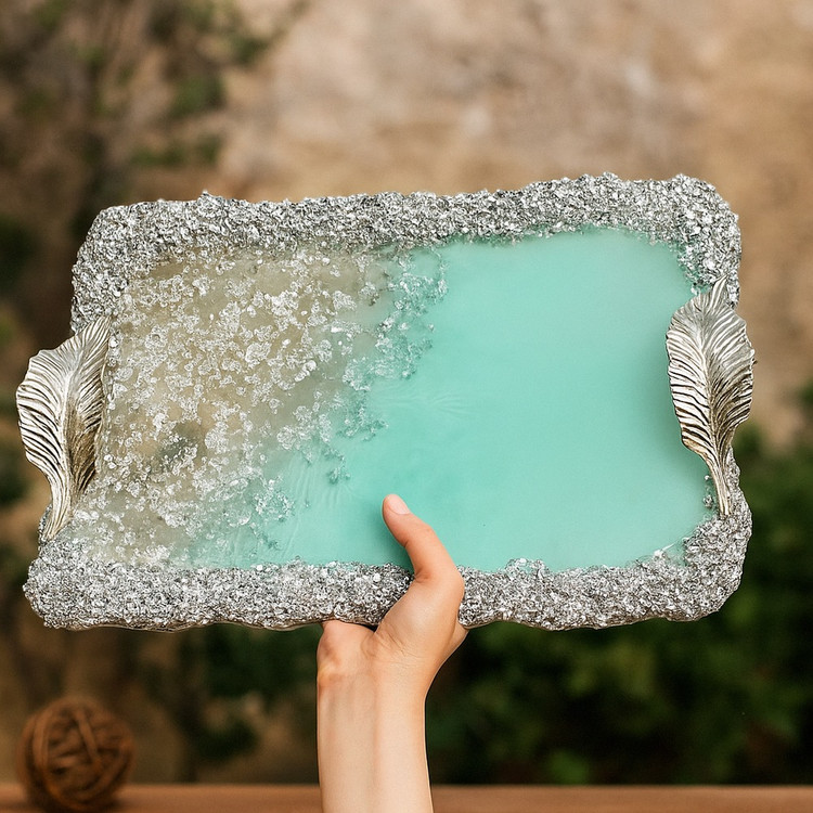 سینی رزینی مستطیلی دورتا دور کریستالی رنگ ابی فیروزه ای با نقره ای
